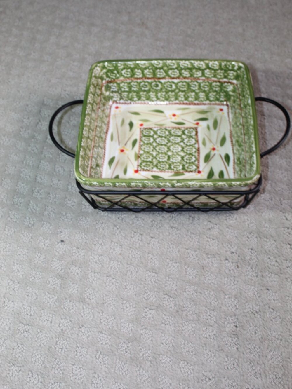 Temptations Old World Green 2.5 Qt Baking Serving Dish w/Handled Basket